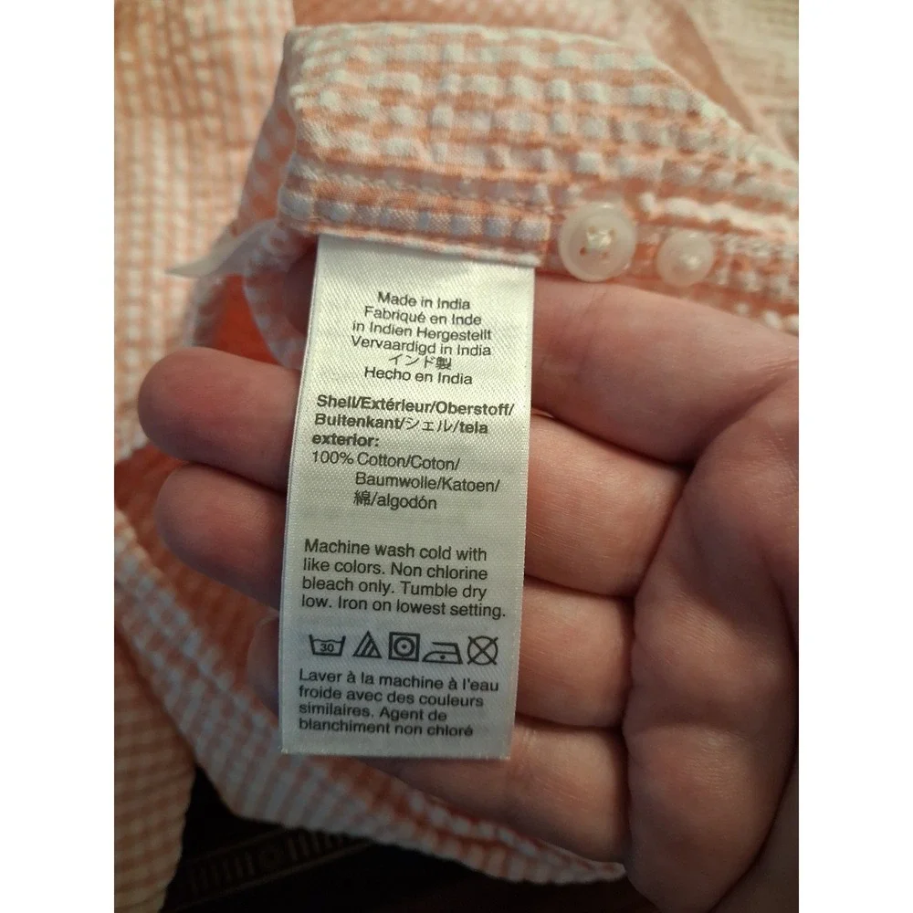 J. Crew Mens XL Slim Fit Organic Cotton Seersucker Gingham Shirt Orange White